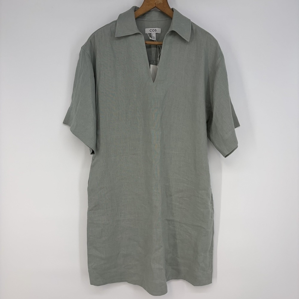 Cos Vitus Dress 2 Linen Sage Green V Neck Pockets Relaxed Beach Summer Staple S